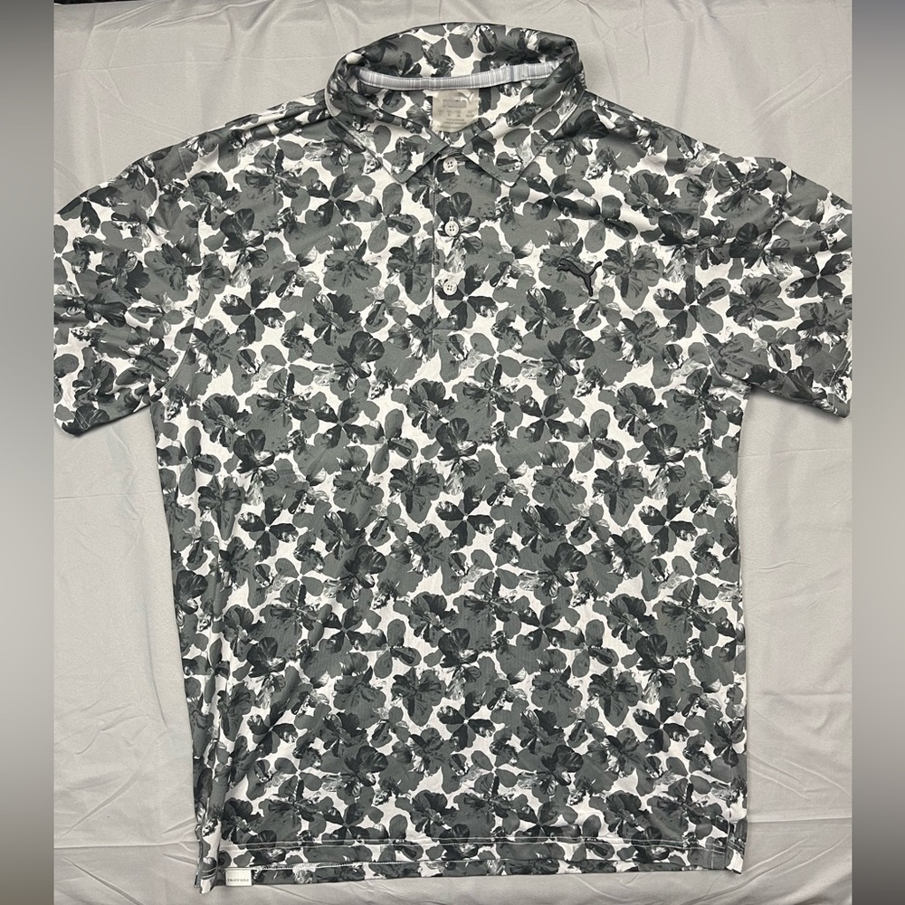 PUMA Golf TPC Sawgrass Floral Polo Shirt Men’s L Gray White